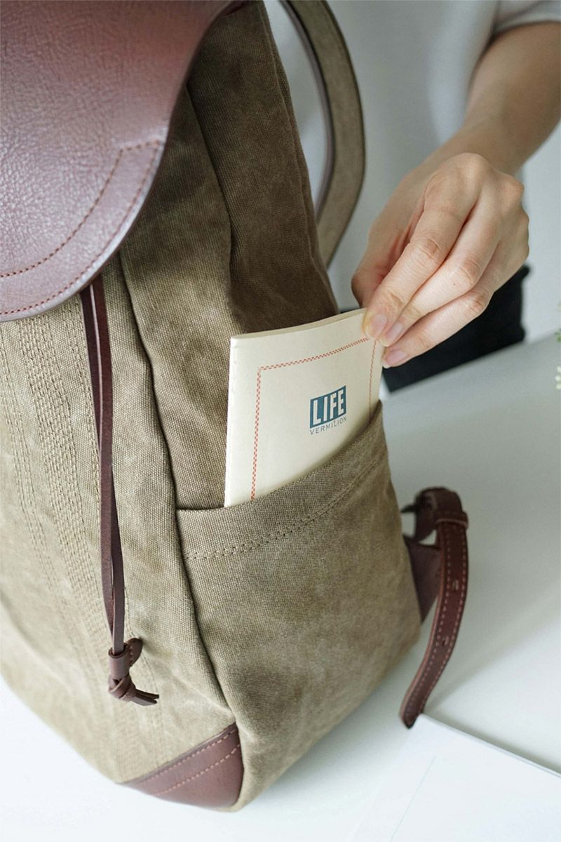 【美品】ゲンテン　リュック　ミモザベーシック　カーキ　キャンバス　レザー genten（ゲンテン） 【ケアセット＋安心の3年保証付】 ミモザ